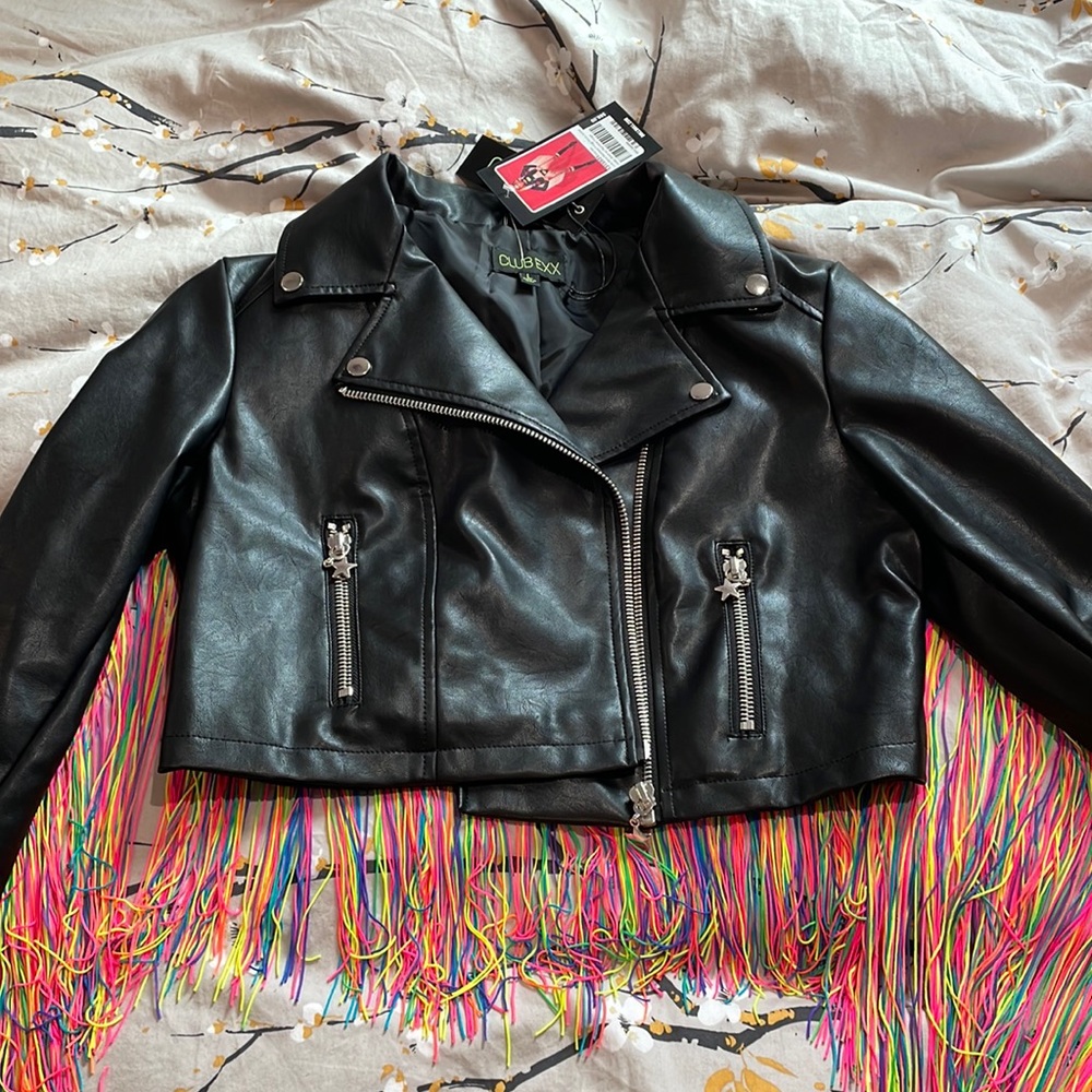 Black Vegan Moto Dollskill Jacket w/ Rainbow Fringe